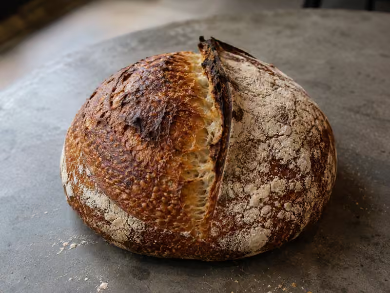 A rustic sourdough boule with a deep scored crust in soft café light